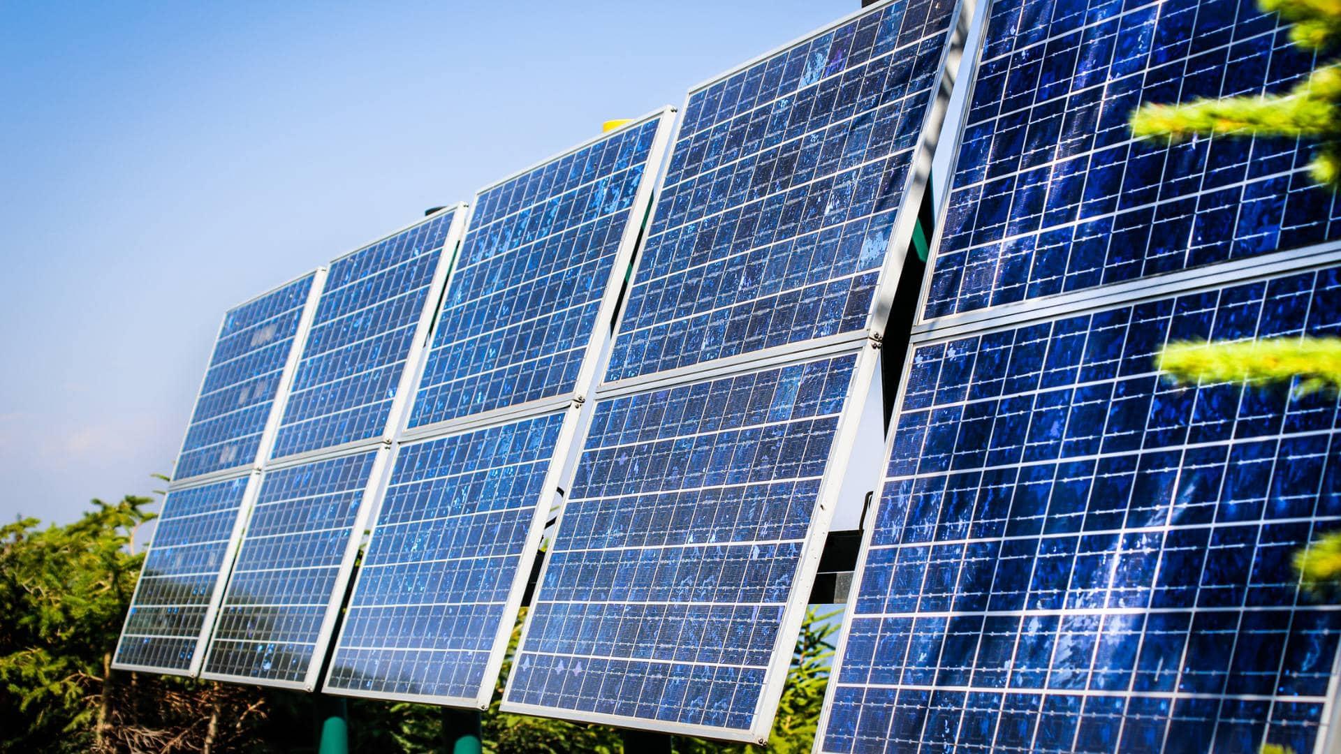 A line of solar panels outside on a field. The sunlight is reflecting off of them.