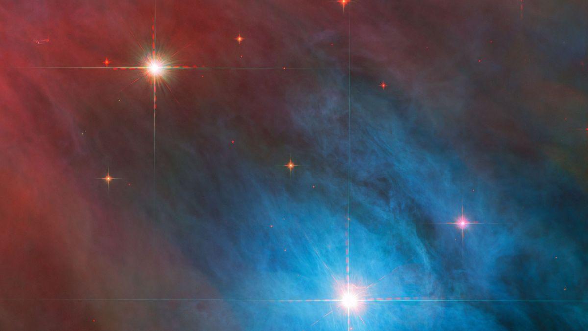 Two shining stars are visible against a background of red and blue swirls
