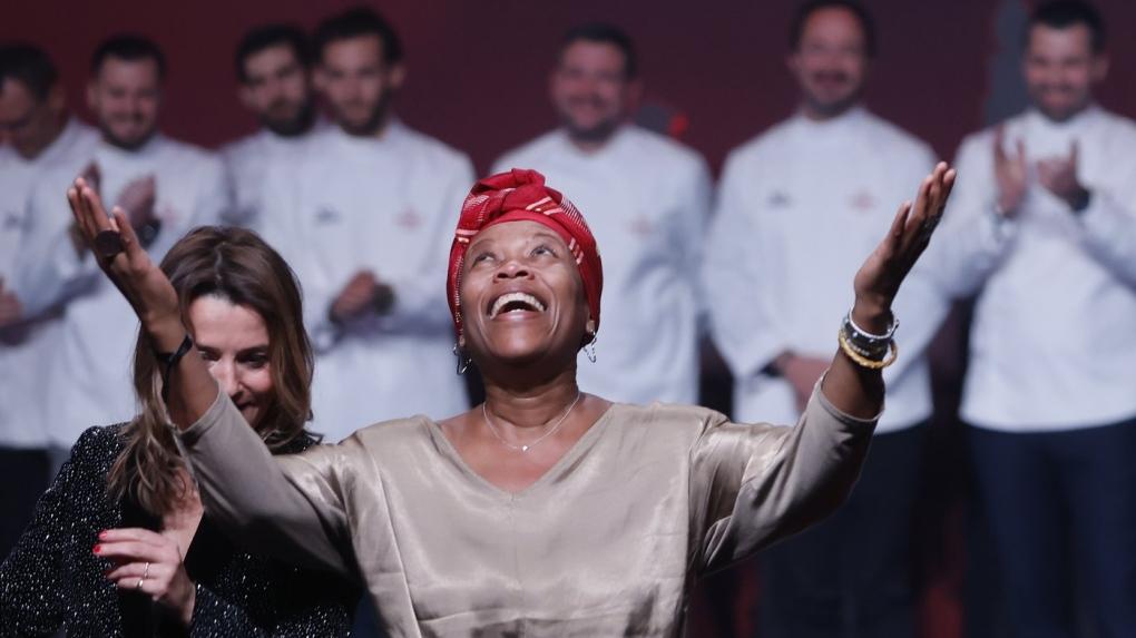 Georgiana Viou celebrates her star during the 2023 Michelin Guide ceremony in Strasbourg, eastern France