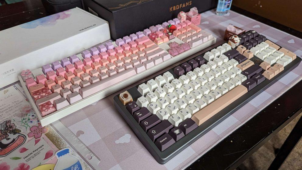 Custom keyboards on display at a meetup in New York City.